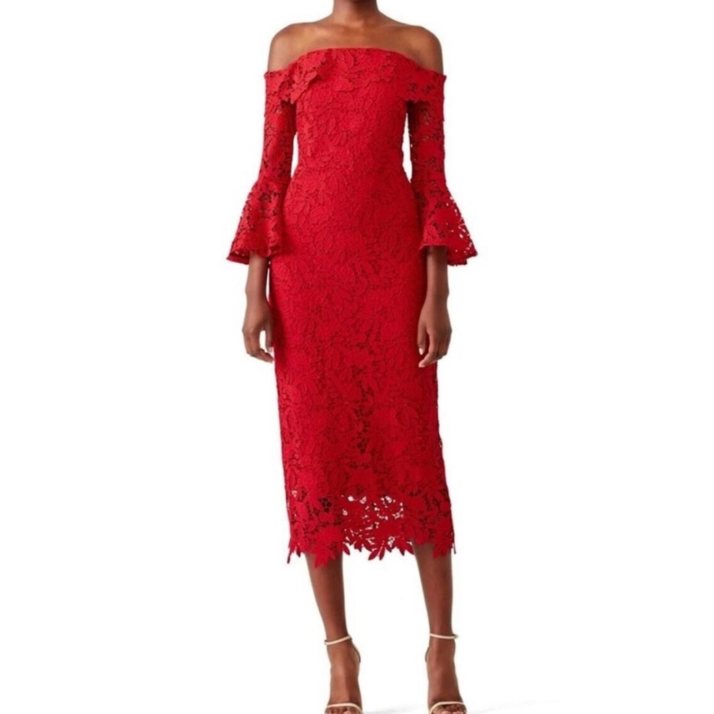 Shoshanna Red Lace Off-Shoulder Midi Dress